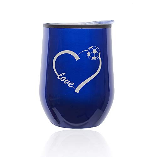 Stemless Wine Tumbler Coffee Travel Mug Glass With Lid Love Heart Soccer (Blue)
