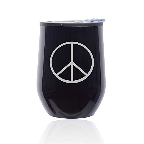 Stemless Wine Tumbler Coffee Travel Mug Glass With Lid Peace Sign (Midnight Black)