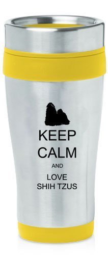 Yellow 16oz Insulated Stainless Steel Travel Mug Z1289 Keep Calm and Love Shihtzus,MIP