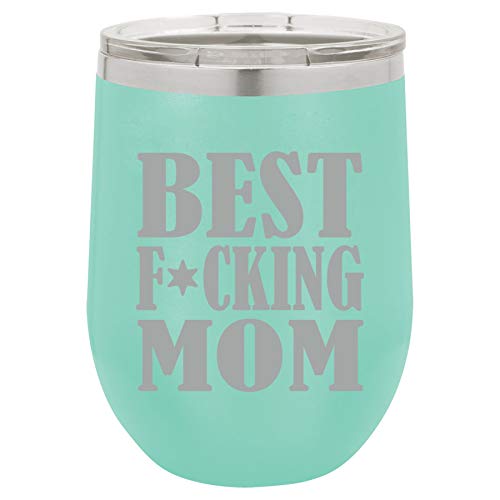 12 oz Double Wall Vacuum Insulated Stainless Steel Stemless Wine Tumbler Glass Coffee Travel Mug With Lid Best F ing Mom Mother (Teal)