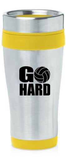 Yellow 16oz Insulated Stainless Steel Travel Mug Z1001 Go Hard Volleyball