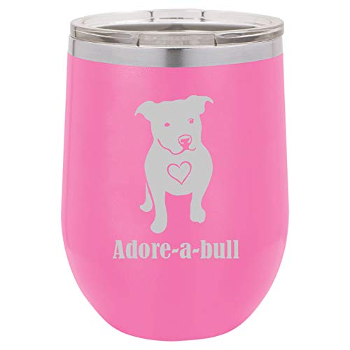 12 oz Double Wall Vacuum Insulated Stainless Steel Stemless Wine Tumbler Glass Coffee Travel Mug With Lid Adore-A-Bull Pit Bull (Hot Pink)