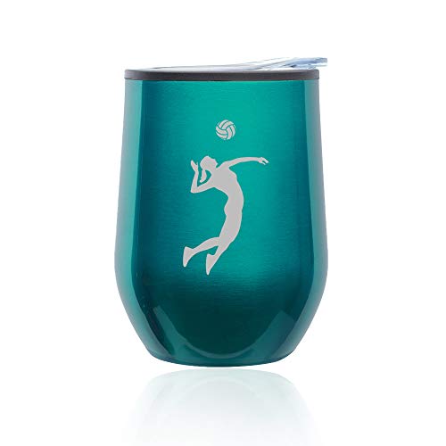 Stemless Wine Tumbler Coffee Travel Mug Glass With Lid Female Volleyball Player (Turquoise Teal)