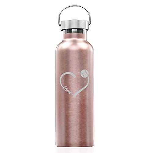 Rose Gold Double Wall Vacuum Insulated Stainless Steel Tumbler Travel Mug Love Heart Baseball Softball (25 oz Water Bottle)