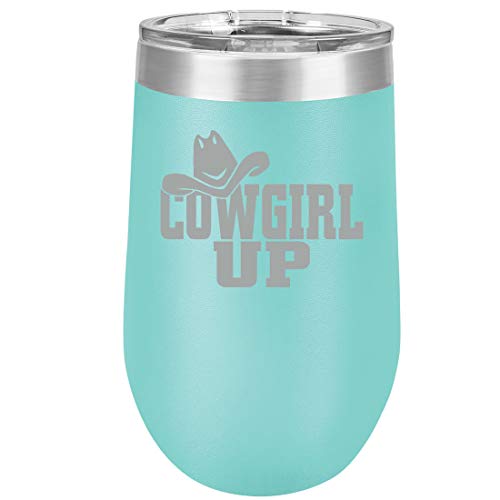 16 oz Double Wall Vacuum Insulated Stainless Steel Stemless Wine Tumbler Glass Coffee Travel Mug With Lid Cowgirl Up With Hat (Teal)