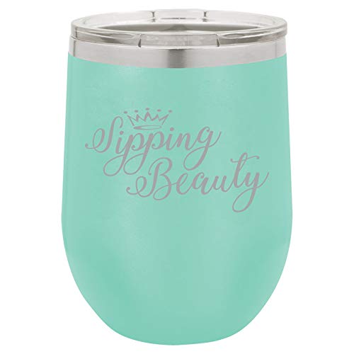 12 oz Double Wall Vacuum Insulated Stainless Steel Stemless Wine Tumbler Glass Coffee Travel Mug With Lid Sipping Beauty Funny (Teal)