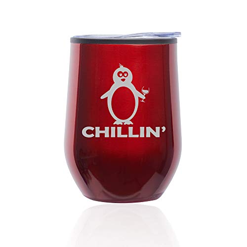 Stemless Wine Tumbler Coffee Travel Mug Glass With Lid Chillin' Penguin Funny (Red)