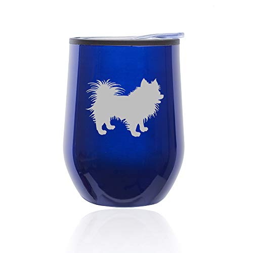 Stemless Wine Tumbler Coffee Travel Mug Glass With Lid Pomeranian (Blue)