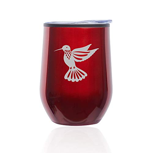 Stemless Wine Tumbler Coffee Travel Mug Glass With Lid Hummingbird (Red)