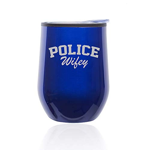 Stemless Wine Tumbler Coffee Travel Mug Glass With Lid Police Wifey (Blue)