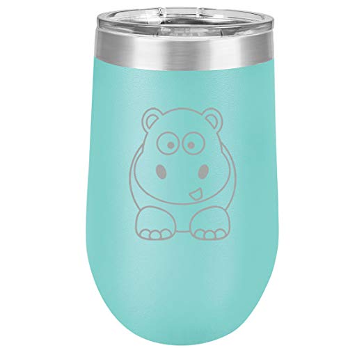 16 oz Double Wall Vacuum Insulated Stainless Steel Stemless Wine Tumbler Glass Coffee Travel Mug With Lid Baby Hippo (Teal)