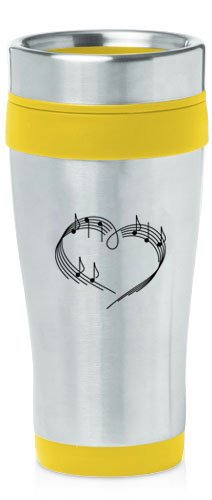 Yellow 16oz Insulated Stainless Steel Travel Mug Z1025 Heart Love Music Notes