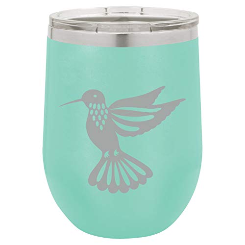 12 oz Double Wall Vacuum Insulated Stainless Steel Stemless Wine Tumbler Glass Coffee Travel Mug With Lid Hummingbird (Teal)