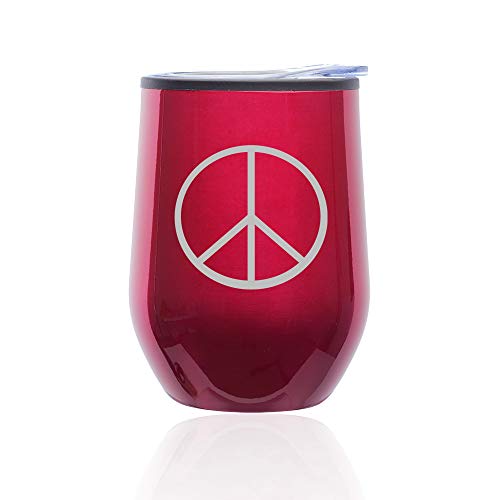Stemless Wine Tumbler Coffee Travel Mug Glass With Lid Peace Sign (Fuchsia)