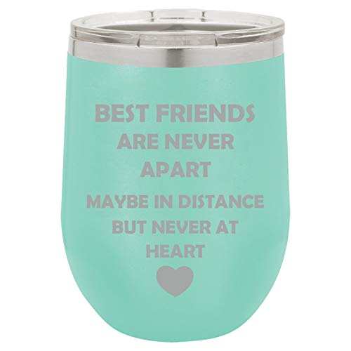 12 oz Double Wall Vacuum Insulated Stainless Steel Stemless Wine Tumbler Glass Coffee Travel Mug With Lid Best Friends Long Distance Love (Teal)