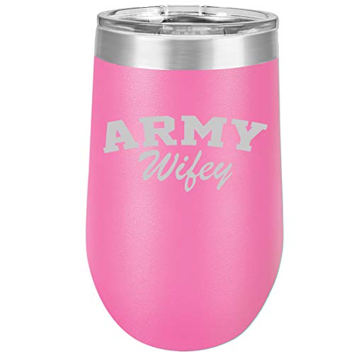 16 oz Double Wall Vacuum Insulated Stainless Steel Stemless Wine Tumbler Glass Coffee Travel Mug With Lid Army Wifey (Hot Pink)