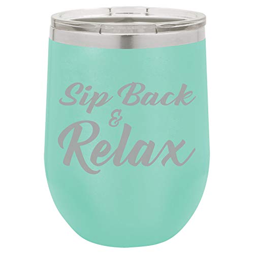 12 oz Double Wall Vacuum Insulated Stainless Steel Stemless Wine Tumbler Glass Coffee Travel Mug With Lid Sip Back & Relax Funny (Teal)