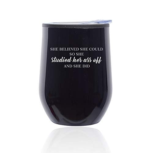 Stemless Wine Tumbler Coffee Travel Mug Glass With Lid She Believed She Could So She Studied And She Did Graduation Student (Midnight Black)