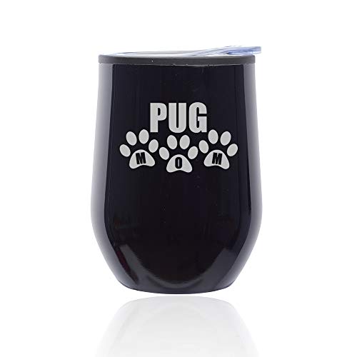 Stemless Wine Tumbler Coffee Travel Mug Glass With Lid Pug Mom (Midnight Black)