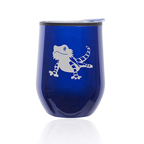 Stemless Wine Tumbler Coffee Travel Mug Glass With Lid Bearded Dragon Lizard (Blue)