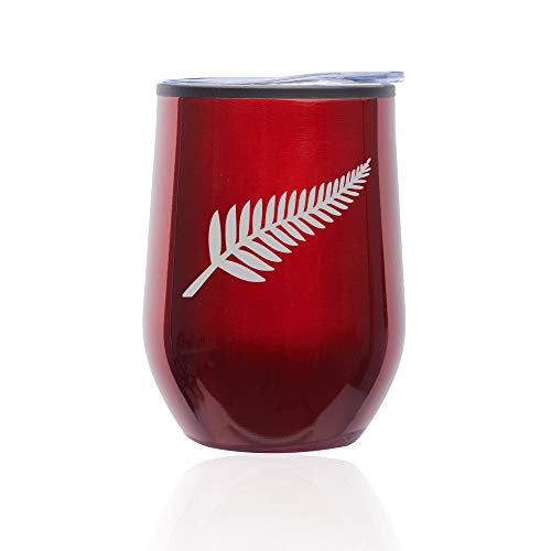 Stemless Wine Tumbler Coffee Travel Mug Glass With Lid New Zealand Silver Fern (Red)