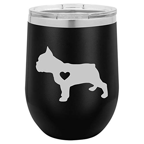 12 oz Double Wall Vacuum Insulated Stainless Steel Stemless Wine Tumbler Glass Coffee Travel Mug With Lid Cute French Bulldog With Heart (Black)