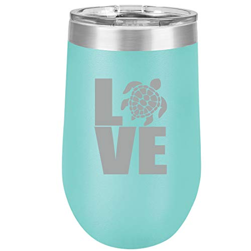 16 oz Double Wall Vacuum Insulated Stainless Steel Stemless Wine Tumbler Glass Coffee Travel Mug With Lid LOVE Sea Turtle (Teal)