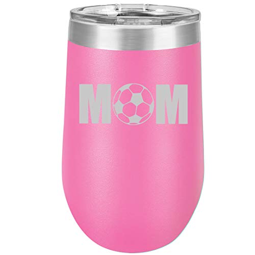 16 oz Double Wall Vacuum Insulated Stainless Steel Stemless Wine Tumbler Glass Coffee Travel Mug With Lid MOM Soccer (Hot Pink)