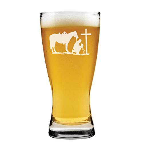 15 oz Beer Pilsner Glass Cowboy Praying Cross Horse