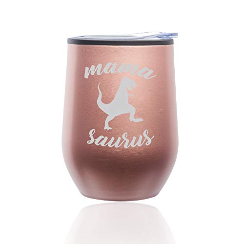 Stemless Wine Tumbler Coffee Travel Mug Glass With Lid Mama Saurus Mom Mother T-Rex Funny (Rose Gold)