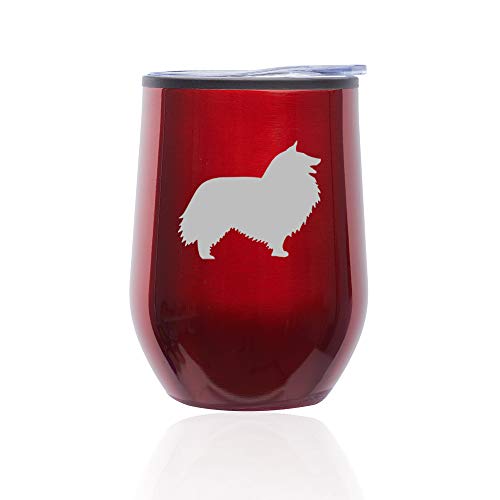 Stemless Wine Tumbler Coffee Travel Mug Glass With Lid Shetland Sheepdog (Red)