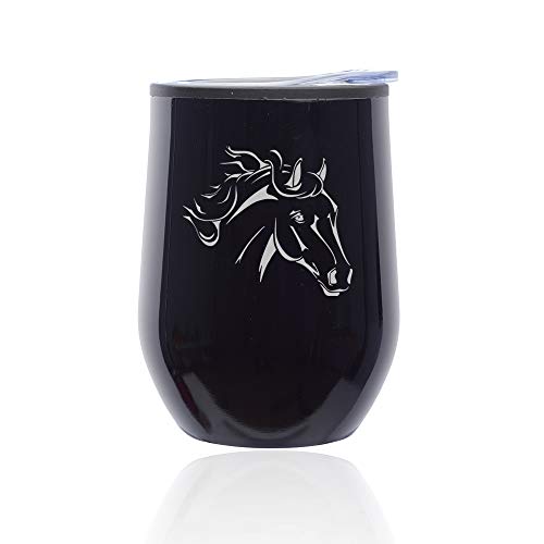 Stemless Wine Tumbler Coffee Travel Mug Glass With Lid Horse Head (Midnight Black)