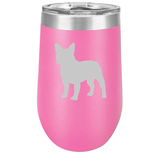 16 oz Double Wall Vacuum Insulated Stainless Steel Stemless Wine Tumbler Glass Coffee Travel Mug With Lid French Bulldog (Hot Pink)