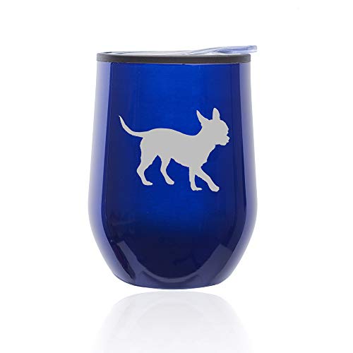 Stemless Wine Tumbler Coffee Travel Mug Glass With Lid Chihuahua (Blue)