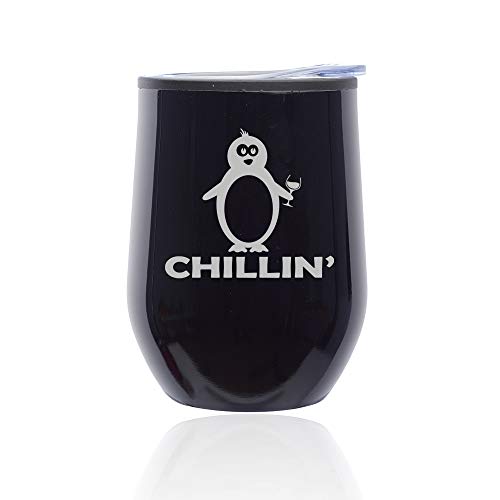 Stemless Wine Tumbler Coffee Travel Mug Glass With Lid Chillin' Penguin Funny (Midnight Black)