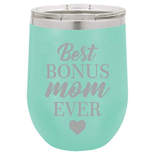 12 oz Double Wall Vacuum Insulated Stainless Steel Stemless Wine Tumbler Glass Coffee Travel Mug With Lid Best Bonus Mom Ever Step Mom Mother (Teal)