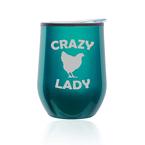 Stemless Wine Tumbler Coffee Travel Mug Glass With Lid Crazy Chicken Lady (Turquoise Teal)