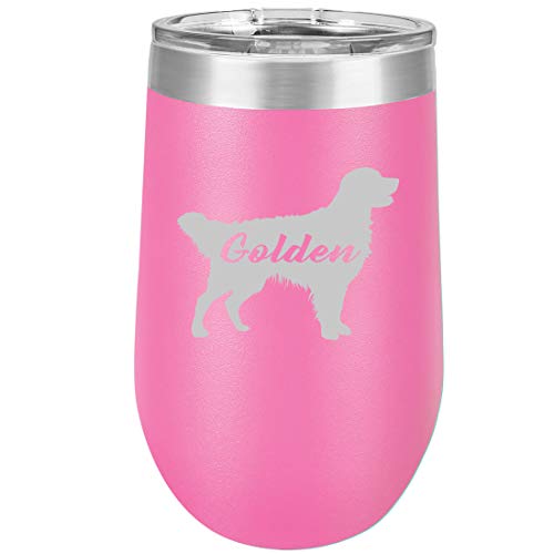 16 oz Double Wall Vacuum Insulated Stainless Steel Stemless Wine Tumbler Glass Coffee Travel Mug With Lid Golden Retriever 'Golden' (Hot Pink)