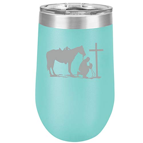 16 oz Double Wall Vacuum Insulated Stainless Steel Stemless Wine Tumbler Glass Coffee Travel Mug With Lid Cowboy Praying Cross Horse (Teal)