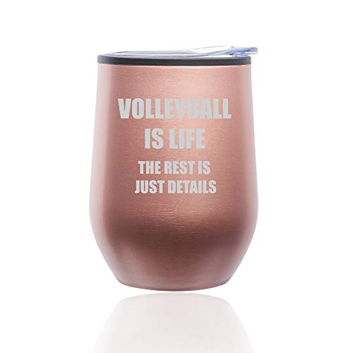 Stemless Wine Tumbler Coffee Travel Mug Glass With Lid Volleyball Is Life (Rose Gold)