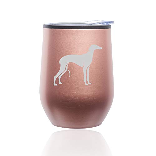 Stemless Wine Tumbler Coffee Travel Mug Glass With Lid Greyhound (Rose Gold)