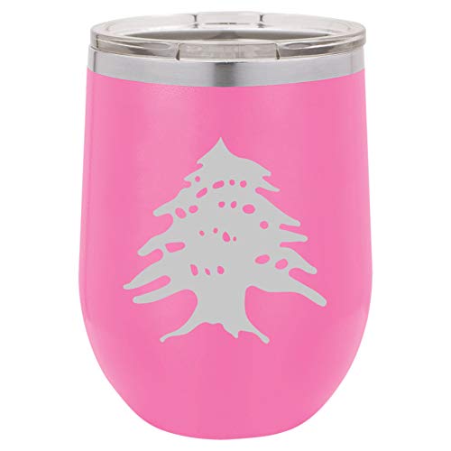 12 oz Double Wall Vacuum Insulated Stainless Steel Stemless Wine Tumbler Glass Coffee Travel Mug With Lid Cedar Tree Lebanon Lebanese (Hot-Pink)