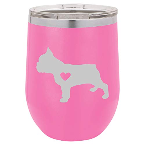 12 oz Double Wall Vacuum Insulated Stainless Steel Stemless Wine Tumbler Glass Coffee Travel Mug With Lid Cute French Bulldog With Heart (Hot-Pink)