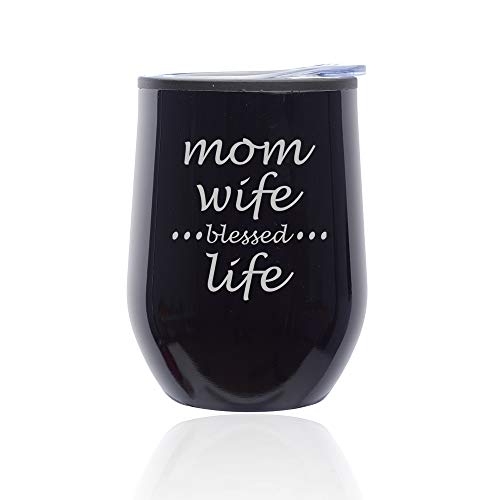 Stemless Wine Tumbler Coffee Travel Mug Glass With Lid Mom Wife Blessed Life Mother (Midnight Black)