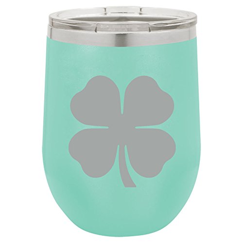 12 oz Double Wall Vacuum Insulated Stainless Steel Stemless Wine Tumbler Glass Coffee Travel Mug With Lid 4 Leaf Clover Shamrock (Teal)