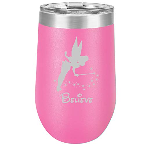 16 oz Double Wall Vacuum Insulated Stainless Steel Stemless Wine Tumbler Glass Coffee Travel Mug With Lid Fairy Believe (Hot Pink)