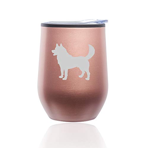Stemless Wine Tumbler Coffee Travel Mug Glass With Lid Husky (Rose Gold)