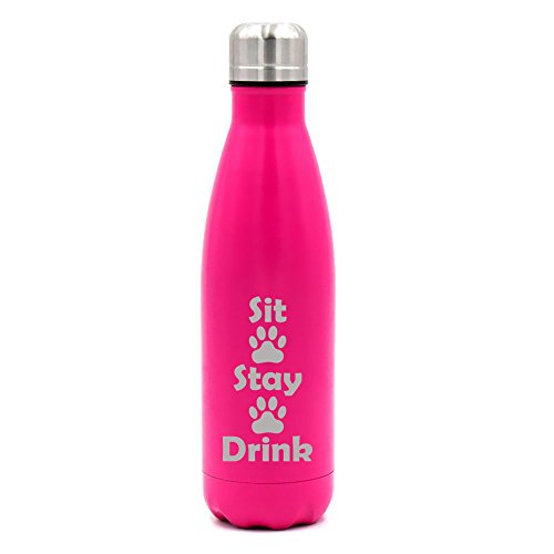 17 oz. Double Wall Vacuum Insulated Stainless Steel Water Bottle Travel Mug Cup Sit Stay Drink Funny Paw Prints Dog Cat Animal Lover (Pink)