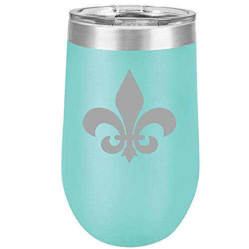 16 oz Double Wall Vacuum Insulated Stainless Steel Stemless Wine Tumbler Glass Coffee Travel Mug With Lid Fleur-De-Lis (Teal)