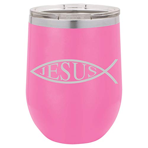 12 oz Double Wall Vacuum Insulated Stainless Steel Stemless Wine Tumbler Glass Coffee Travel Mug With Lid Jesus Fish (Hot-Pink)